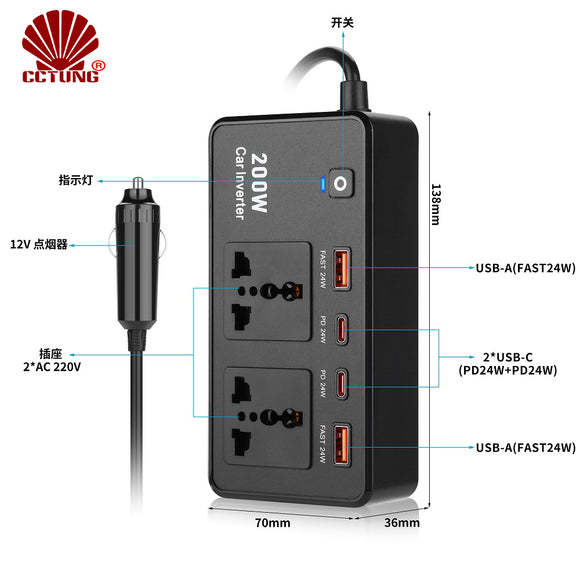 PD-200W USB Type-C Car Charger Adapter with 2 USB C + 2 Fast PD24W Compatible with Dell Laptop FCC CE Certified