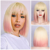 12 Inch Short Bob Wig With Bangs for Women Synthetic Bob Wigs Black Pink Purple Wig for Party Daily