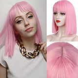 12 Inch Short Bob Wig With Bangs for Women Synthetic Bob Wigs Black Pink Purple Wig for Party Daily