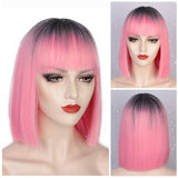 12 Inch Short Bob Wig With Bangs for Women Synthetic Bob Wigs Black Pink Purple Wig for Party Daily