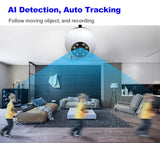 360 Degree Rotation Smart Auto Tracking PTZ Bulb Shaped Wifi Camera with Dual Light for Night Vision ad Illumination Free APP